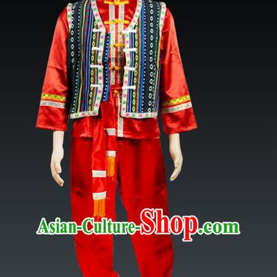 Traditional Chinese Zhuang Nationality Dancing Costume, Zhuangzu Male Folk Dance Ethnic Dress, Chinese Minority Zhuang Nationality Embroidery Costume for Men