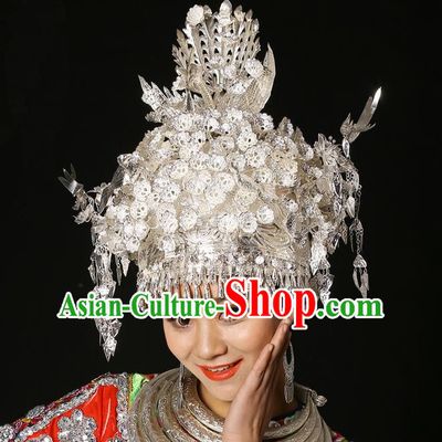 Traditional Chinese Miao Nationality Phoenix Silver Headwear, Hmong Female Folk Wedding Ethnic Accessories Crown, Chinese Minority Nationality Jewelry Accessories Hairpins for Women