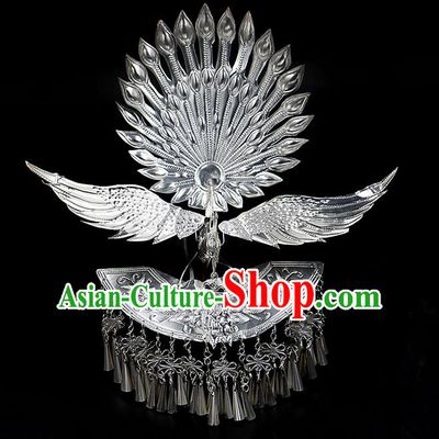 Traditional Chinese Miao Nationality Phoenix Silver Headwear, Hmong Female Folk Wedding Ethnic Accessories Crown, Chinese Minority Nationality Jewelry Accessories Hairpins for Women
