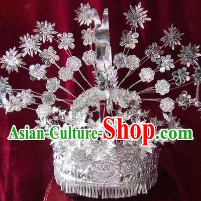 Traditional Chinese Miao Nationality Phoenix Silver Headwear, Hmong Female Folk Wedding Hat, Ethnic Accessories Crown, Chinese Minority Nationality Jewelry Accessories Hairpins for Women