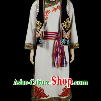 Traditional Chinese Qiang Nationality Dancing Costume, Qiangzu Male Folk Dance Ethnic Dress, Chinese Minority Qiang Nationality Embroidery Costume for Men