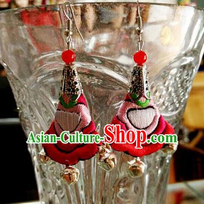 Traditional Chinese Miao Nationality Earrings, Hmong Female Folk Wedding Embroidery Earrings, Chinese Minority Nationality Jewelry Accessories for Women