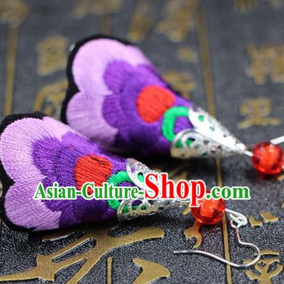 Traditional Chinese Miao Nationality Earrings, Hmong Female Folk Wedding Embroidery Earrings, Chinese Minority Nationality Jewelry Accessories for Women
