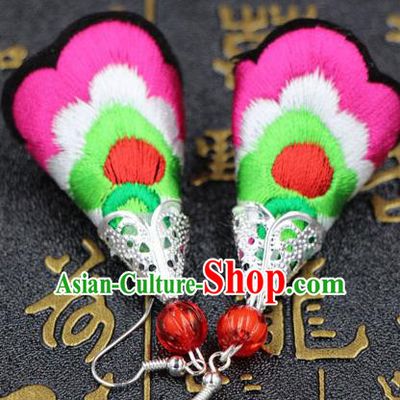 Traditional Chinese Miao Nationality Earrings, Hmong Female Folk Wedding Embroidery Earrings, Chinese Minority Nationality Jewelry Accessories for Women