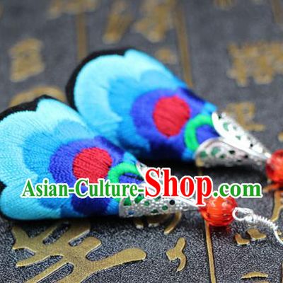 Traditional Chinese Miao Nationality Earrings, Hmong Female Folk Wedding Embroidery Earrings, Chinese Minority Nationality Jewelry Accessories for Women
