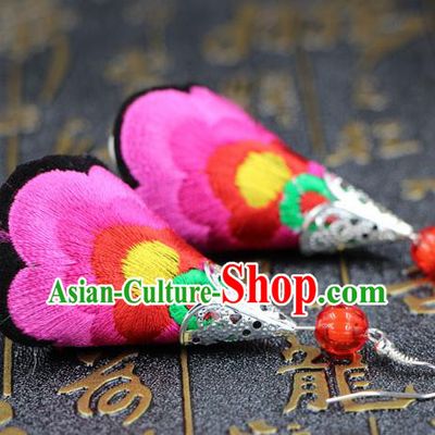 Traditional Chinese Miao Nationality Earrings, Hmong Female Folk Wedding Embroidery Earrings, Chinese Minority Nationality Jewelry Accessories for Women