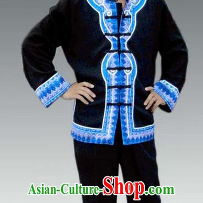 Traditional Chinese Miao Nationality Dancing Costume, Hmong Male Folk Dance Ethnic Dress, Chinese Minority Tujia Nationality Embroidery Costume for Men
