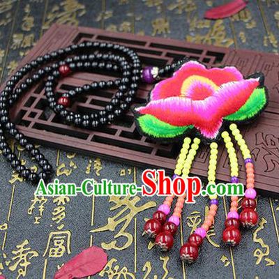Traditional Chinese Miao Nationality Necklace, Hmong Folk Wedding Embroidery Sweater Chain, Chinese Minority Nationality Jewelry Accessories for Women