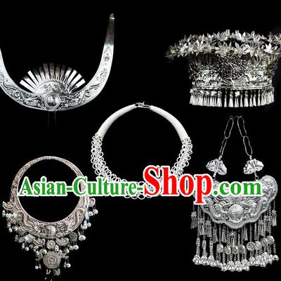 Traditional Chinese Miao Nationality Necklace, Hmong Folk Wedding Phoenix Silver Headwear, Chinese Minority Nationality Crown, Longevity Lock Jewelry Accessories Set for Women