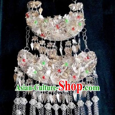Traditional Chinese Miao Nationality Necklace, Longevity Lock, Hmong Folk Wedding Phoenix Silver Collar for Women