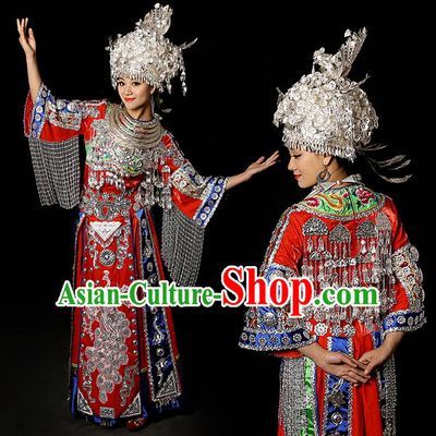 Traditional Chinese Miao Nationality Dancing Costume Accessories Necklace, Silver Phoenix Headwear, Hmong Female Folk Dance Ethnic Pleated Skirt and Headwear, Chinese Minority Nationality Embroidery Costume and Hat for Women