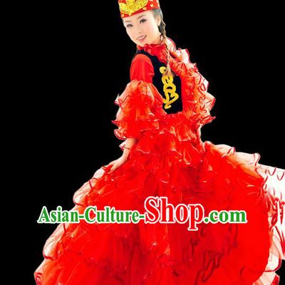 Traditional Chinese Khalkhas Nationality Dancing Costume, Kirkiz Female Folk Dance Ethnic Pleated Skirt, Chinese Minority Khalkhas Nationality Embroidery Costume for Women