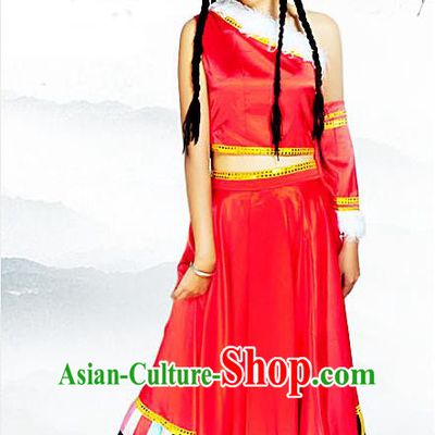 Traditional Chinese Zang Nationality Dancing Costume, Tibetan Female Folk Dance Ethnic Pleated Skirt, Chinese Minority Tibetan Nationality Embroidery Costume for Women