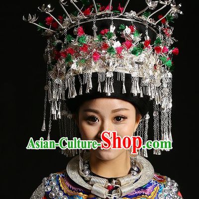 Traditional Chinese Miao Nationality Wedding Accessories Crown, Hmong Female Wedding Ethnic QingSiPa Silver Headwear, Chinese Minority Nationality Hat for Women
