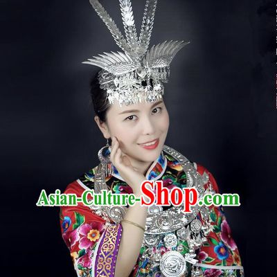 Traditional Chinese Miao Nationality Wedding Accessories Peacock Crown, Hmong Female Wedding Ethnic Silver Phoenix Headwear, Chinese Minority Nationality Hat for Women