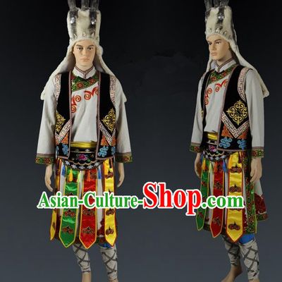 Traditional Chinese Qiang Nationality Dancing Costume, Qiangzu Male Folk Dance Ethnic Clothing, Chinese Minority Qiang Nationality Worship Ceremony Costume for Men