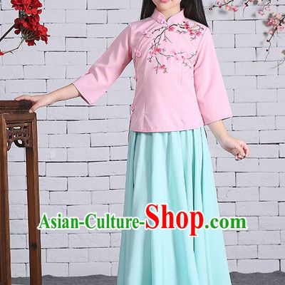 Chinese Traditional Dress for Girls Long Sleeves Kid Children Min Guo Clothes Ancient Chinese Costume Stage Show Pink Top Blue Skirt