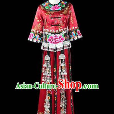 Traditional Chinese Miao Nationality Dancing Costume, Hmong Female Folk Dance Ethnic Pleated Skirt, Chinese Minority Miao Nationality Embroidery Costume for Women