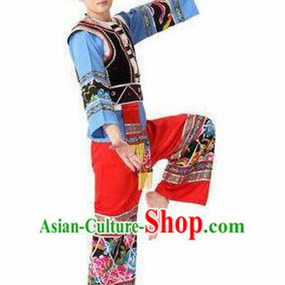 Traditional Chinese Yi Nationality Dancing Costume, Yizu Male Folk Dance Ethnic Dress, Chinese Minority Yi Nationality Embroidery Costume Set for Men