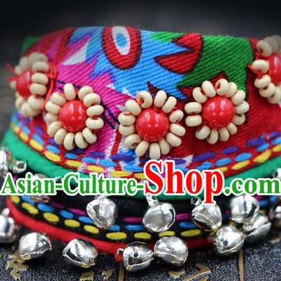 Traditional Chinese Miao Nationality Jewelry Accessories Bracelet, Hmong Embroidery Bells Bracelet for Women