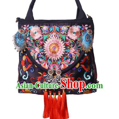 Traditional Chinese Miao Nationality Jewelry Accessories Bags, Hmong Ethnic Accessories Embroidery Shoulder Handbags for Women