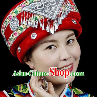 Traditional Chinese Miao Nationality Jewelry Accessories Hats, Hmong Ethnic Accessories, Chinese Minority Tujia Nationality Embroidery Headwear Hat for Women
