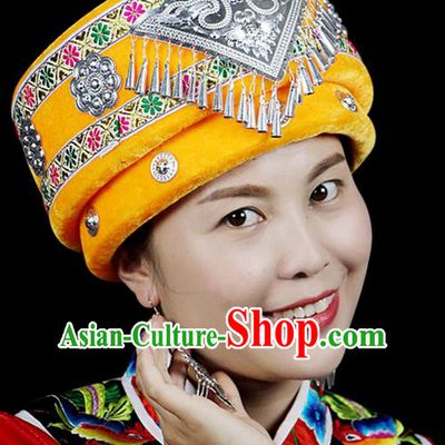 Traditional Chinese Miao Nationality Jewelry Accessories Hats, Hmong Ethnic Accessories, Chinese Minority Tujia Nationality Embroidery Headwear Hat for Women