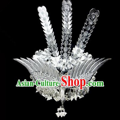 Traditional Chinese Miao Nationality Sliver Jewelry Accessories, Silver Phoenix Headwear, Hmong Ethnic Hair Accessories, Chinese Minority Miao Nationality Hat Crown for Women