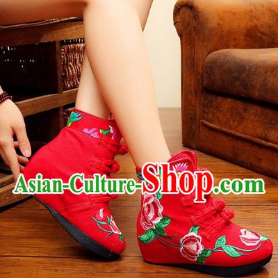 Traditional Chinese Folk Dance Shoes, China Female Embroidered Shoes, Chinese Minority Nationality Embroidery Ankle Boots for Women