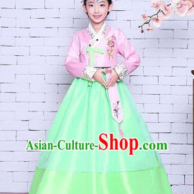 Korean Traditional Girl Dress Princess Clothes Children Dancing Costume Stage Show Halloween Pink Top Green Skirt