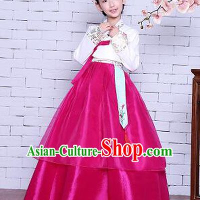 Korean Traditional Girl Dress Princess Clothes Children Dancing Costume Stage Show Halloween White Top Red Skirt