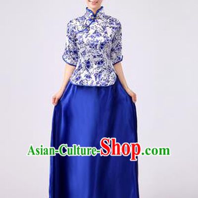Traditional Chinese Modern Dancing Costume, Female Chorus of Blue and White Porcelain Dress, Folk Dance Yangko Costume For Women