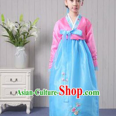 Korean Traditional Costumes Girl Dress Stage Show Dancing Clothes Pink Top Blue Skirt