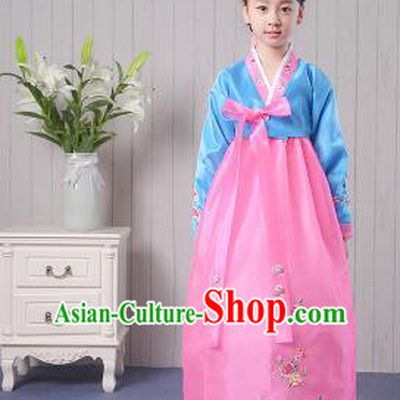 Korean Traditional Costumes Girl Dress Stage Show Dancing Clothes Blue Top Pink Skirt