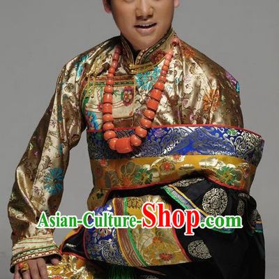Traditional Chinese Zang Nationality Dancing Costume, Tibetan Male Folk Dance Ethnic Dress, Chinese Minority Tibetan Nationality Embroidery Costume for Men