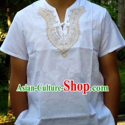 Traditional Asian Thai Male T-shirt, Thai Clothes Cotton Shirt for Men