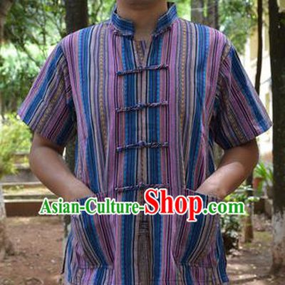 Traditional Asian Thai Male T-shirt, Thai Clothes Signature Cotton Shirt for Men