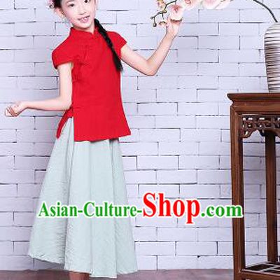 Girl Dress Min Guo Fan Fu Style Chinese Traditional Stage Costume Show Clothes Short Sleeves Red Top Green Skirt