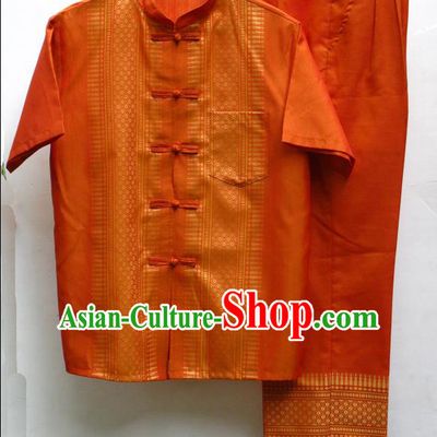 Traditional Asian Thai Male Costume Set, High-Grade Thai Silk Clothes and Trousers for Men