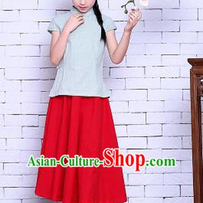 Girl Dress Min Guo Fan Fu Style Chinese Traditional Stage Costume Show Clothes Short Sleeves Green Top Red Skirt