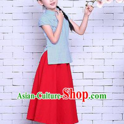 Girl Dress Min Guo Fan Fu Style Chinese Traditional Stage Costume Show Clothes Short Sleeves Blue Top Red Skirt