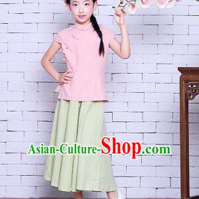 Girl Dress Min Guo Fan Fu Style Chinese Traditional Stage Costume Show Clothes Short Sleeves Pink Top Green Skirt