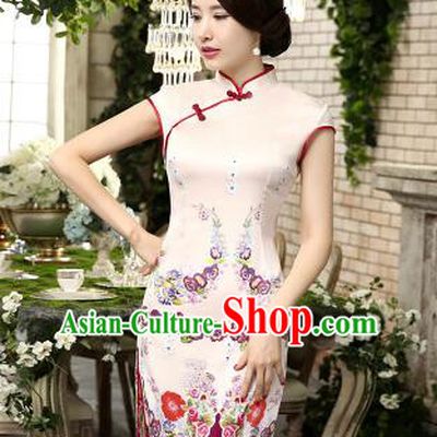One Piece Dress Qi Pao Cheongsam Styel Short Sleeves Chinese Traditional Clothes Summer