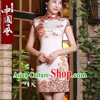 One Piece Dress Qi Pao Cheongsam Styel Short Sleeves Chinese Traditional Clothes Summer