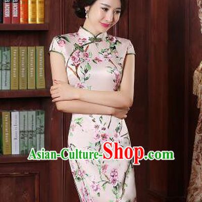 One Piece Dress Qi Pao Cheongsam Styel Short Sleeves Chinese Traditional Clothes Summer