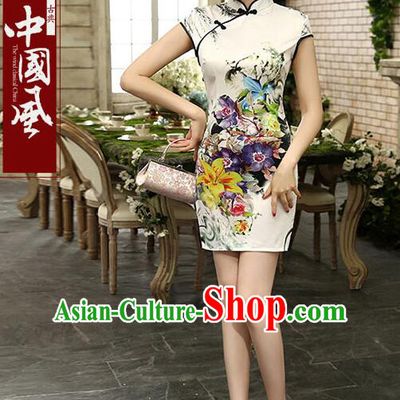 One Piece Dress Qi Pao Cheongsam Styel Short Sleeves Chinese Traditional Clothes Summer