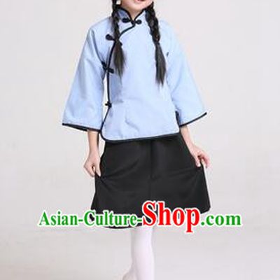 Chinese Traditional Clothes for Children Girl Wu Si Period Student Youth Day Stage Costume Blue