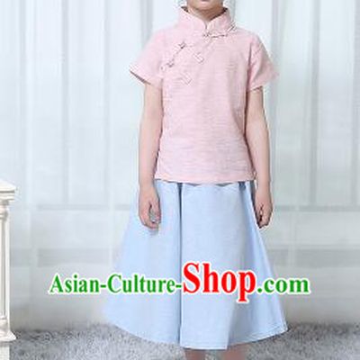 Chinese Style Dress Min Guo Student Dress Girl Female Kids Show Costume Stage Clothes Pink Top Blue Skirt