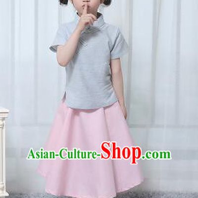 Chinese Style Dress Min Guo Student Dress Girl Female Kids Show Costume Stage Clothes Blue Top Pink Skirt