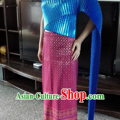 Traditional Asian Thai Wedding Costume Complete Set, Thai Wedding Black Fungus Edge Shawl, Thai Silk Fabrics Suit for Women